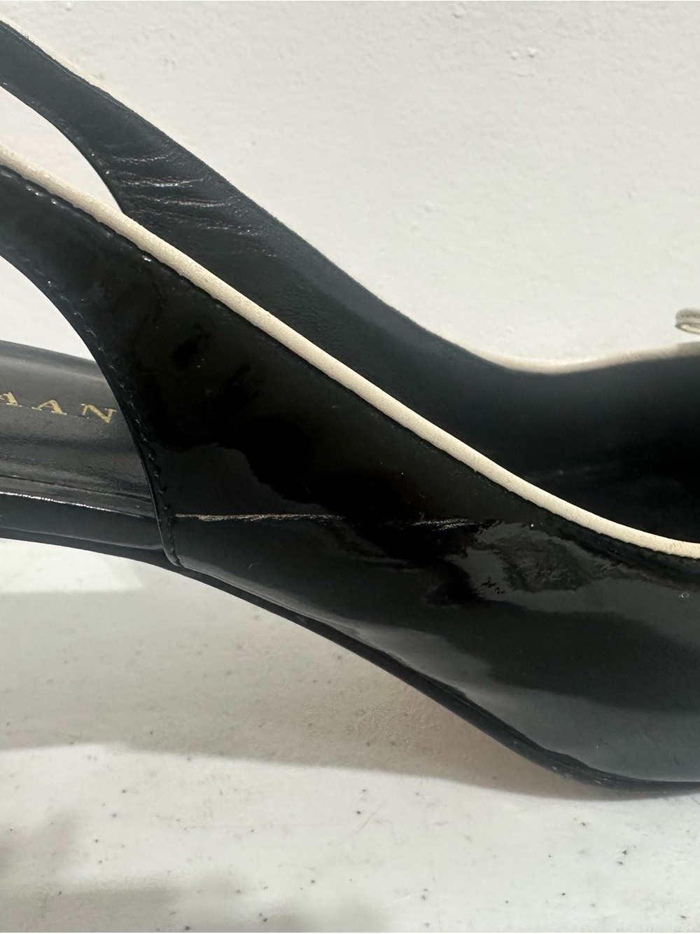 Cole Haan Black Patent Slingback Peep-Toe Heels with Cream Piping and Bow - Picture 3 of 4
